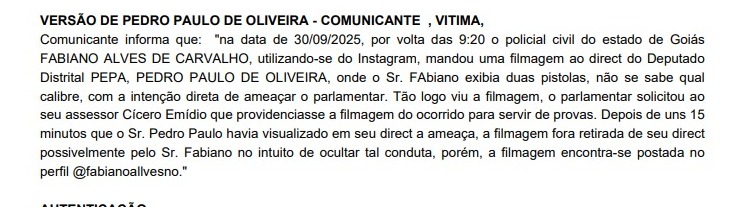 Trecho da ocorrência registrada pelo deputado Pepa na Polícia Civil